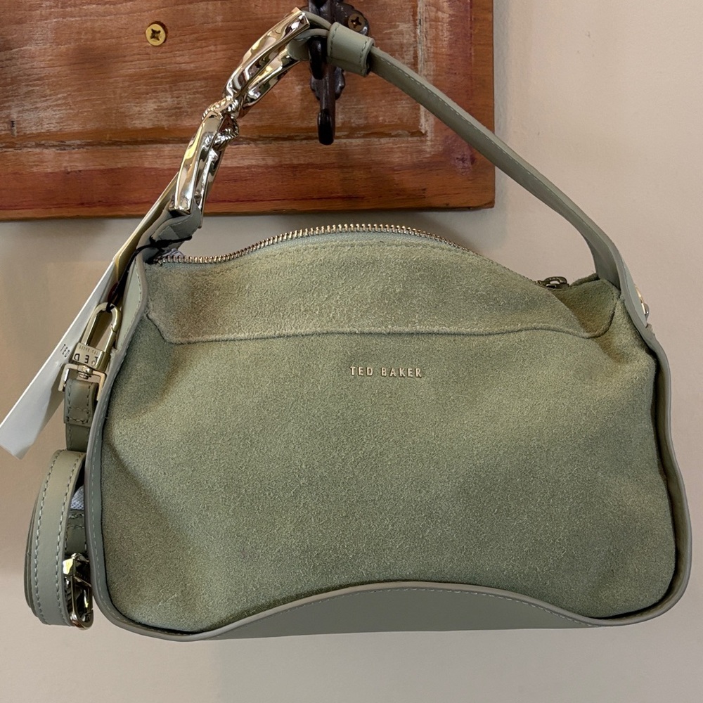 Ted Baker London  Sage Green Suede, leather Shoulder Bag with Chain Detail.
